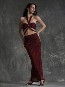 Zolique Women's Sleeveless Halter Top And Bodycon Skirt Two Piece Set - Burgundy - View 1