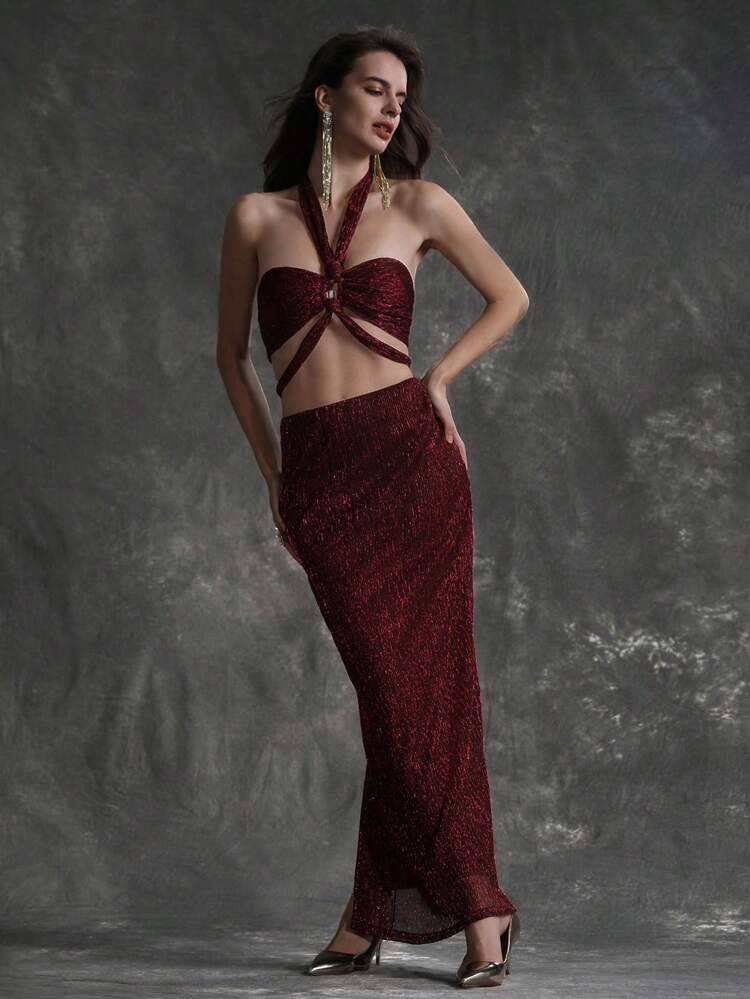 Women's Sleeveless Halter Top And Bodycon Skirt Two Piece Set