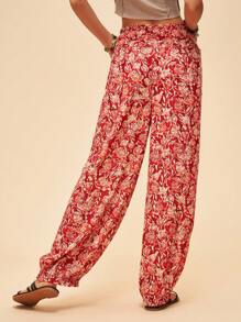 Bohemela Floral Print Drawstring Waist Vacation Pants - Red - View 2