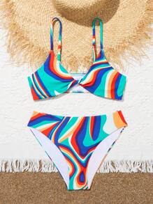 2 piezas/Set Bikini de verano para adolescente con parte superior con tirantes de espagueti de varios colores ajustables y retorcidos adelante y Bottom de bikini de varios colores, conjunto de bikini de verano, conjuntos a juego madre e hija (se venden 2 sets por separado) Playa de verano