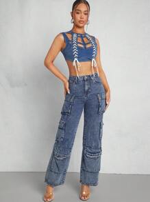 Denimoi Contrast Lace Up Grid Crop Denim Top - White - View 4