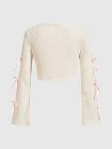 ROMWE Kawaii Ladies' Bow Tie Detail Slit Design Top With Ribbon, School - Apricot - View 2