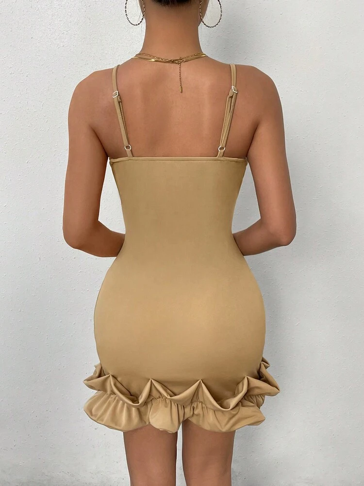 Solid Color Bodycon Dress With Ruffle Hem And Spaghetti Straps