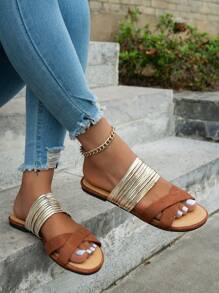 Women's Flat Sandals With Crossing Strap, Slip-On Design, Gold, Plus Size - Brown - View 4