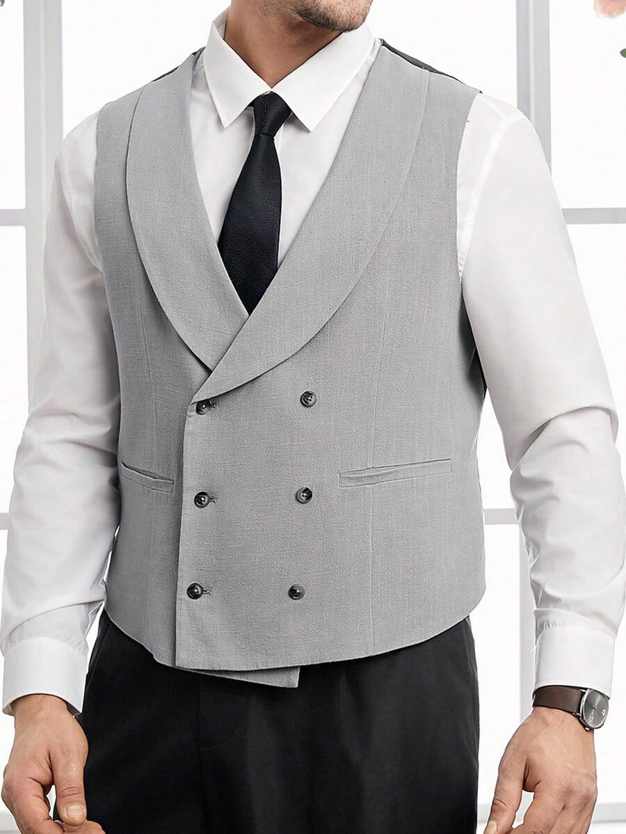 Manfinity RebelGame Chaleco Informal De Traje Entallado De Doble Botonadura Y Cuello De Chal De Talla Grande Para Hombre Con Esquema De Color De Bloques - Gris - Ver 1