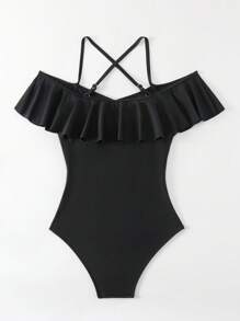 SHEIN Swim Summer Beach Women's One-Piece Swimsuit With Ruffled Hem - Black - View 6