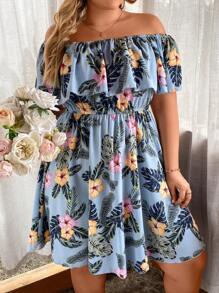 SHEIN Holidaya 大码波西米亚风热带印花露肩连衣裙，适合夏季 - 藍色 - 查看 4