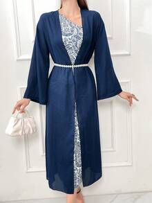 Modelyn 女士纯色长袖外套和植物印花单肩无袖连衣裙两件套 - 藍色 - 查看 4