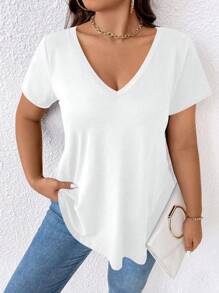 Linhara Plus Size Women's Solid Color V-Neck Short Sleeve T-Shirt - White - View 4