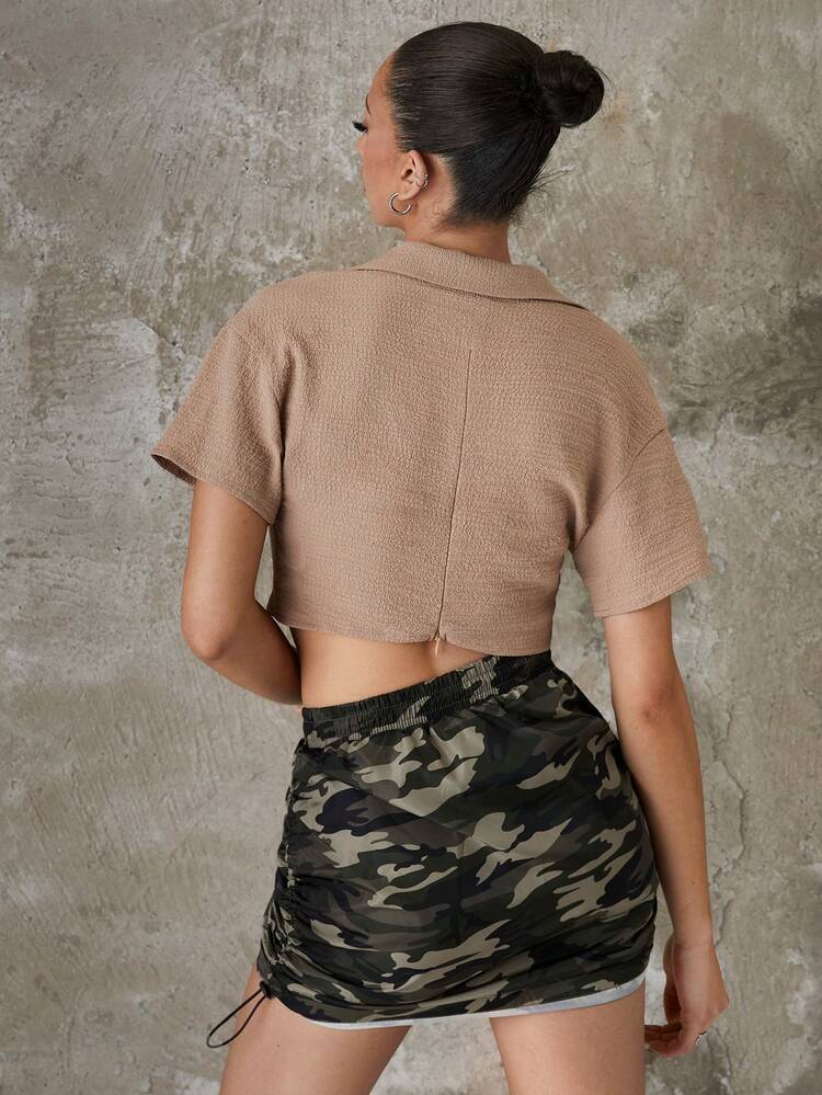 Solid Button Front Crop Shirt