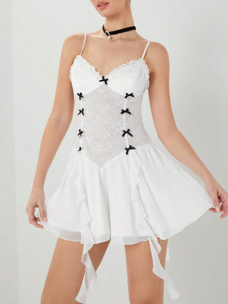 Summer Women's Lace Patchwork Bowknot Decor Mini Romantic Style Spaghetti Strap Dress