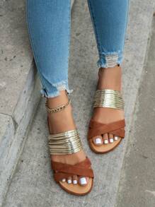 Women's Flat Sandals With Crossing Strap, Slip-On Design, Gold, Plus Size - Brown - View 5