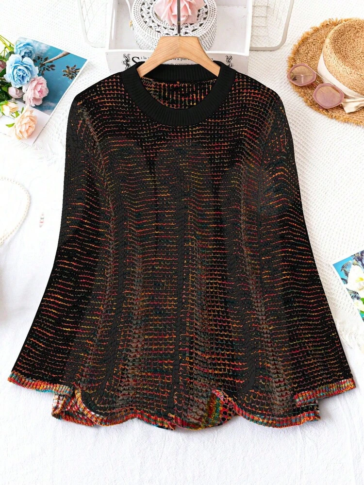 Plus Size Colorful Knitted Round Neck Long Sleeve Sweater Fall Winter