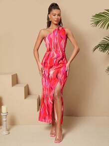 SHEIN Tall 全印花單肩開衩洋裝，適合高個女性 - 彩色 - 查看 3