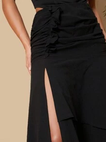 SHEIN Tall Women's Solid Color Pleated Ruffle Hem Asymmetrical Hem Skirt - Black - View 8