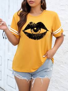 Calvaya Camiseta De Manga Corta De Talla Grande Con Impresión De Ojos Y Labios