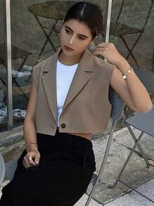 Livesso 经典休闲纯色翻领无袖短款女士西装外套，春夏商务装 - 咖啡棕 - 查看 8