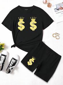 INAWLY Tiền In Ngắn tay Áo Và Bộ quần short - màu đen - Xem 5