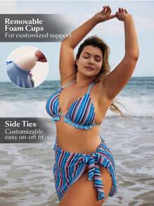 SHEIN Swim Curve Plus Size Color Blocked Striped Swimwear Set, String Bikini Bikini Set Bathing Suit Beach Outfit GRANDPACORE Summer Vacation Bestie Matching Set
