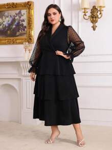 Modelyn Plus Size Women's Polka Dot Contrast Mesh Bishop Sleeve Long Summer Dress Long Evening Dresses