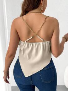 Celure Plus Size Draped Collar Chain Shoulder Strap Camisole Top - Apricot - View 2