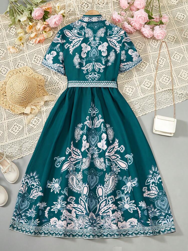 Elegant & Gorgeous Tween Girl's Cashew Pattern Printed A-Line Dress With Single Breasted Closure