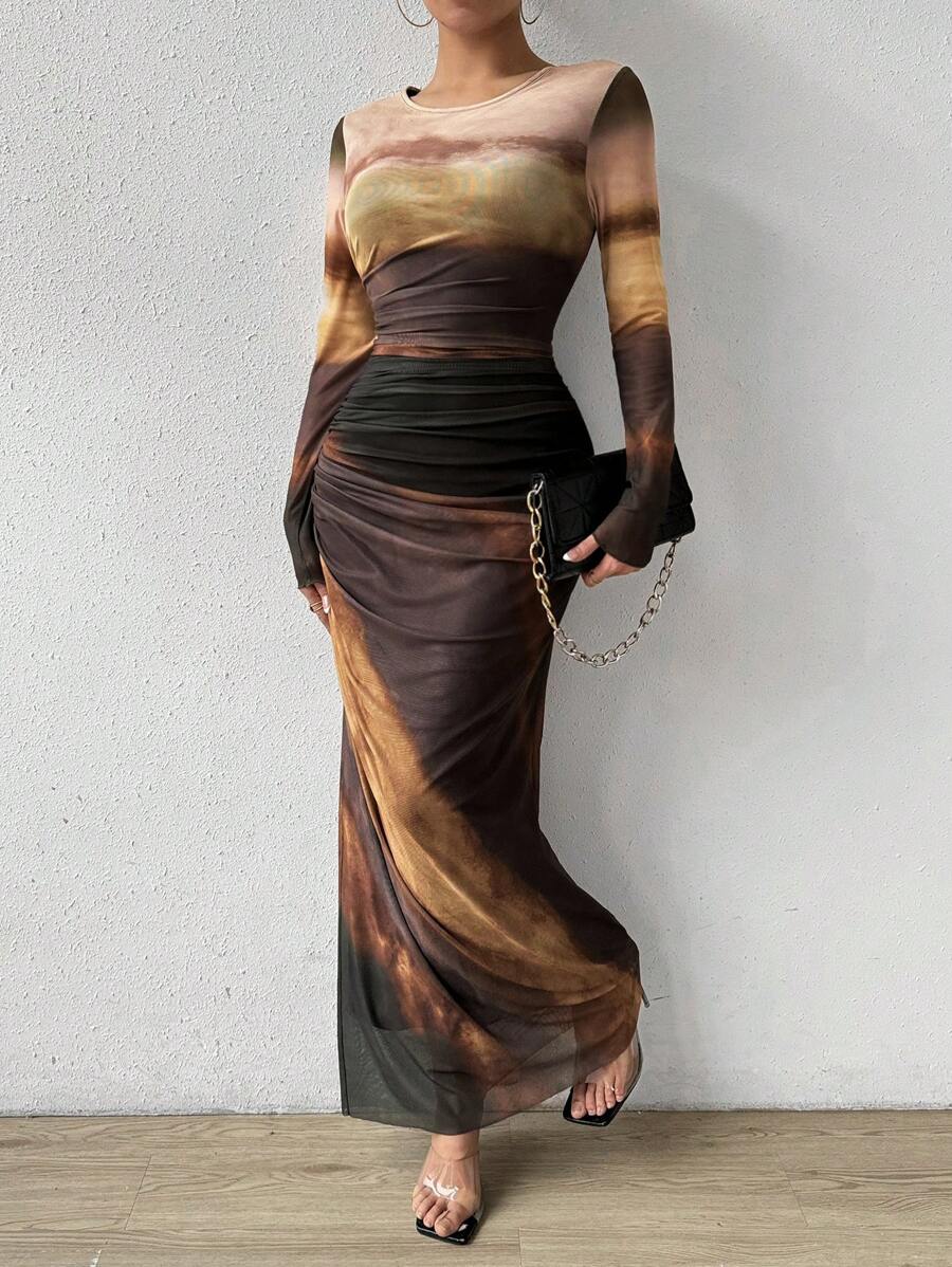 Chiquease Đầm lưới bó sát xếp ly nhuộm loang Maxi dành cho nữ - Màu Khaki - Xem 1