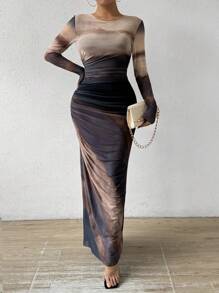 Rafferiza Tie-Dye Pleated Mesh Dress With Slim Fit Maxi Women Outfit Fall Cloth For Women - Light Grey - View 4