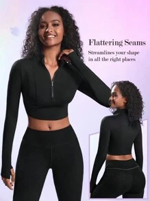 Lifespree 純色拉鍊半拉鍊設計修身運動衫 - 黑色 - 查看 2