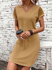 EMERY ROSE Contrast Lace Tee Dress - Khaki - View 5