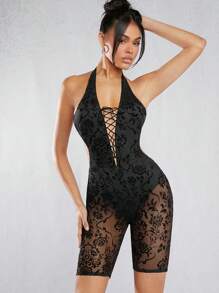 Hauture 女性花卉網眼綁帶後背無袖吊帶連體裤 - 黑色 - 查看 4