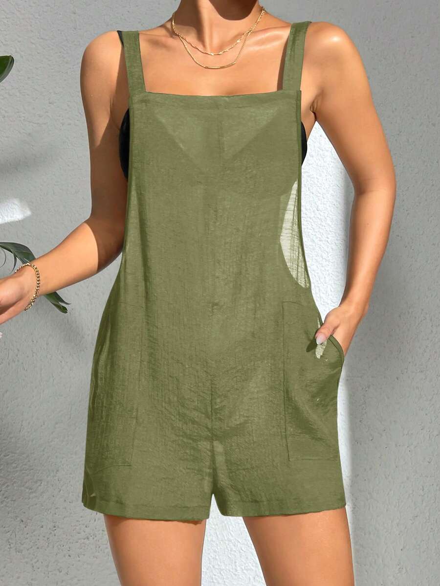 SHEIN Swim Solid Color Square Neck Sleeveless Cover Up Romper, For Vacation, Summer Beach - Green - View 1