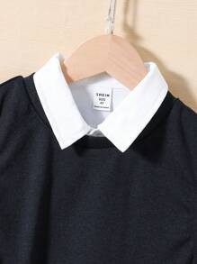 SHEIN 3 件装年轻男孩休闲舒适无袖背心+纯色长袖衬衫+二合一裤子，抓绒，加厚