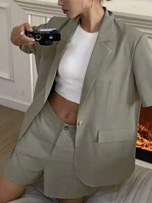 Livesso 女士翻领短袖西装外套和短裤套装商务装 - 綠色 - 查看 2