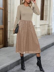 Chiquease Patchwork Sequin Decor Waist-Hugging Long Sleeve Dress - Champagne - View 5