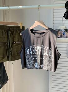 Comfortcana Women's Music Festival Guitar & Letter Print Crop Tank Top - Grey - View 5