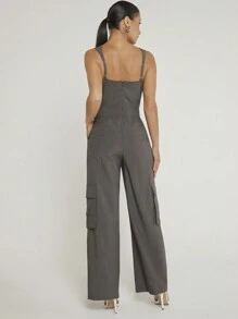 Hauture Pinstriped Wide Leg Slant Pocket Casual Cargo Jumpsuit - Dark Grey - View 2