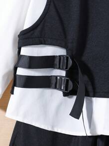 SHEIN 3 件装年轻男孩休闲舒适无袖背心+纯色长袖衬衫+二合一裤子，抓绒，加厚