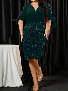 SHEIN Clasi Kích thước lớn Của phụ nữ Thon gọn Cái nĩa cao Sáng bóng Tay áo chuông Đầm - Màu xanh lá cây đậm - Xem 4