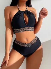 SHEIN Swim Conjunto de bikini halter con parches de estampado de leopardo de verano