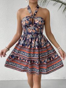 Chiquease Women's Short Sleeve Shirred Mini Dress For Vacation With Plant Print - Multicolor - View 4