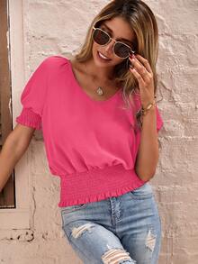 SHEIN LUNE Của phụ nữ Eo Wrapped Màu thuần Cổ chữ V Ngắn tay Áo sơ mi - Màu Hồng  Dưa hấu - Xem 6