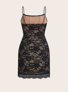 SHEIN Privé Women's Lace Fabric Spaghetti Strap Short Dresses,Bodycon Dress,Short Summer Dress,Sexy Dress,Short Summer Dress,Easter Dress,Black Dress,Romantic Elegance,Daily Commute