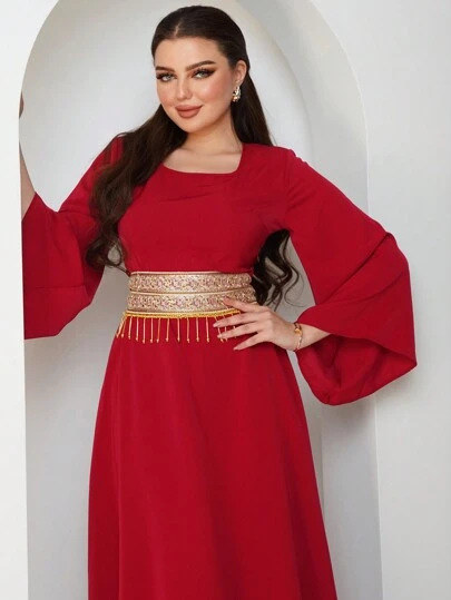 Modelyn Burgundy Red Fashion Women's Fringe Detail Woven Belt Spliced Dress,Elegant Evening Party Maxi Modest Long Sleeve Dress Long Evening Dresses