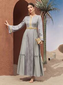 Al Najma Color Block Jacquard Weave Spliced Belted Flared Sleeve Jalabiya Dress, Modest - Grey - View 4