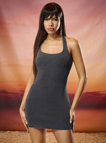 SHEIN BAE 纯色复古做旧雪花褪色挂脖紧身连衣裙春夏针织镂空无袖女装适合校园季节、日常穿着、休闲和街头装 - 黑色 - 查看 5