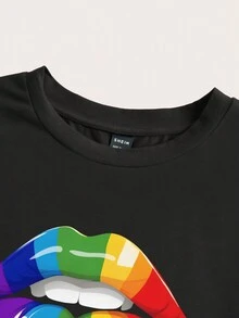 Slaydiva Casual Minimalist Lip Print Round Neck Cap Sleeve Loose Short Women T-Shirt, Suitable For Summer - Black - View 4