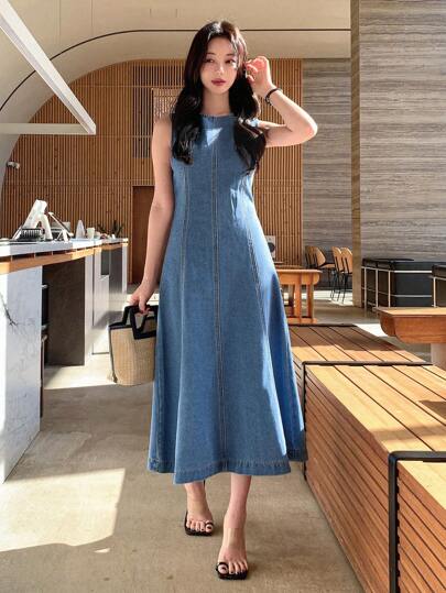 春夏コーデ❤️レディース　デニムワンピース　レディース　ラウンドネック 春夏コーデ❤️ロングワンピース デニムワンピース レディース