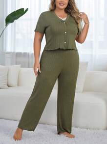 Plus Size Lace & Hollow Out Trim Cami Top With Shorts Pajama Set - Army Green - View 3