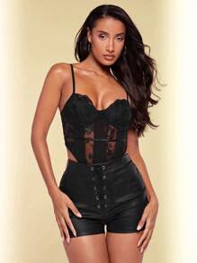 SHEIN BAE 音樂節方領蕾絲上衣，度假蕾絲泳裝連體裝，刺繡織物束腰上衣